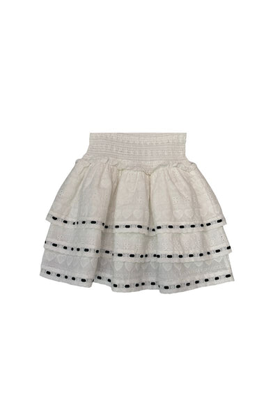 Theme -Gemma White Heart & Flower Eyelet With Black Ribbon Smocked Ruffle Mini Skirt