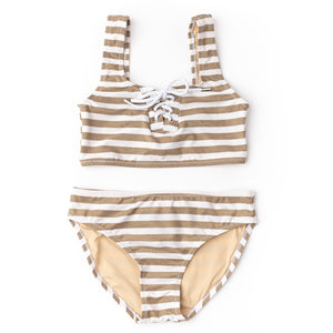 Shade Critters - Neutral Gold Stripe Girls Shimmer Lace Up Bikini