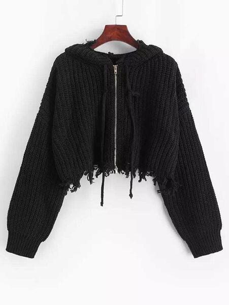 Tweenstyle - Distressed Black Zip Hooded Sweater
