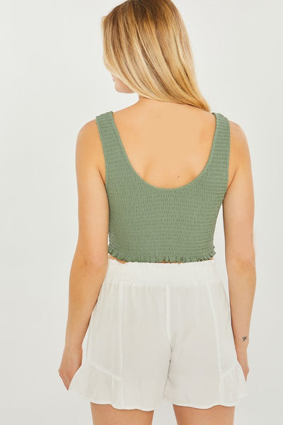 Love Tree - Knit Solid Smocked Jersey Top - Olive