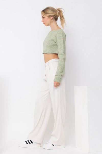 Pretty Garbage - LONG SLEEVE CROPPED FUZZY SWEATER - SAGE GREEN