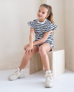 Like Flo - Navy Striped Knit Top with Flutter Sleeves