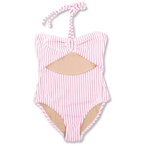 Shade Critters - Berry Stripe Terry Girls Halter One Piece Swimsuit