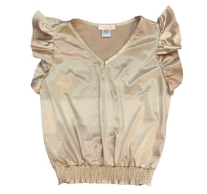Tweenstyle By Stoopher - Smocked Hem Satin Top with Flutter Sleeve - Taupe