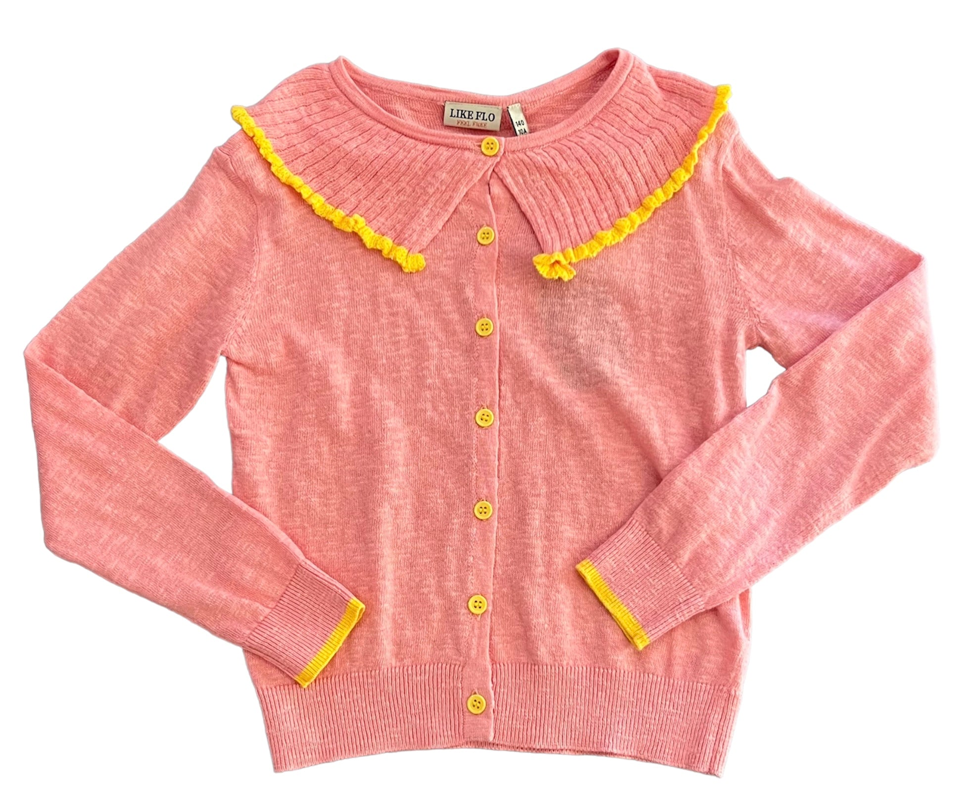 Like Flo - Pink Collared Cardigan with Yellow Trim