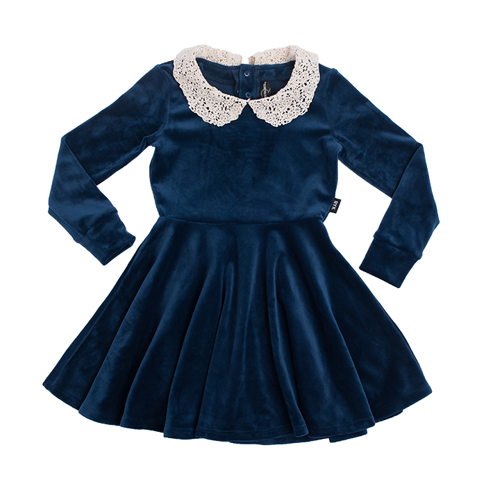 ROCK YOUR BABY Girls Long Sleeve Velour Dress with Collar